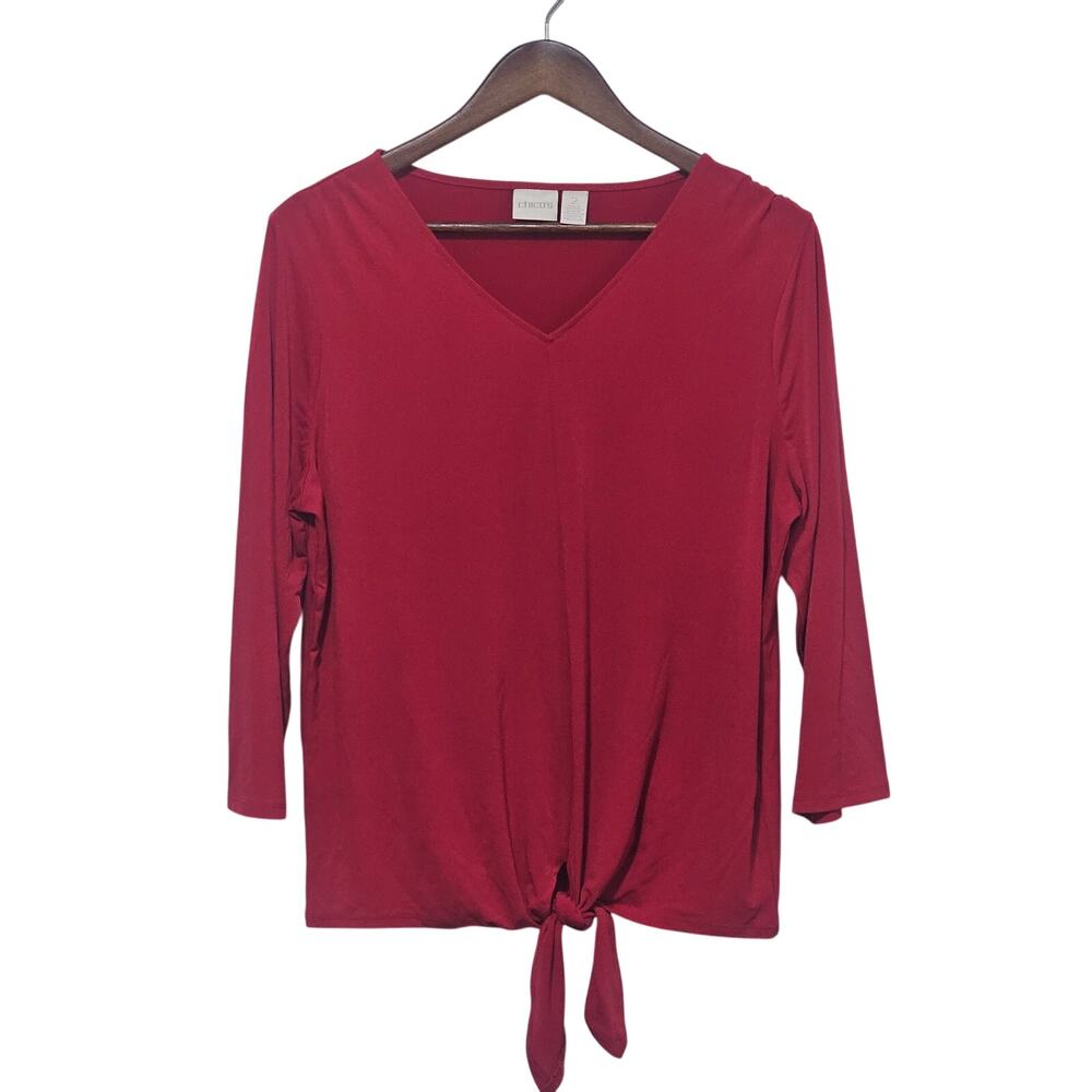 Chicos Red Tie-Front Detail V-Neckline 3/4 Sleeves Draped Silhouette Chic Casual